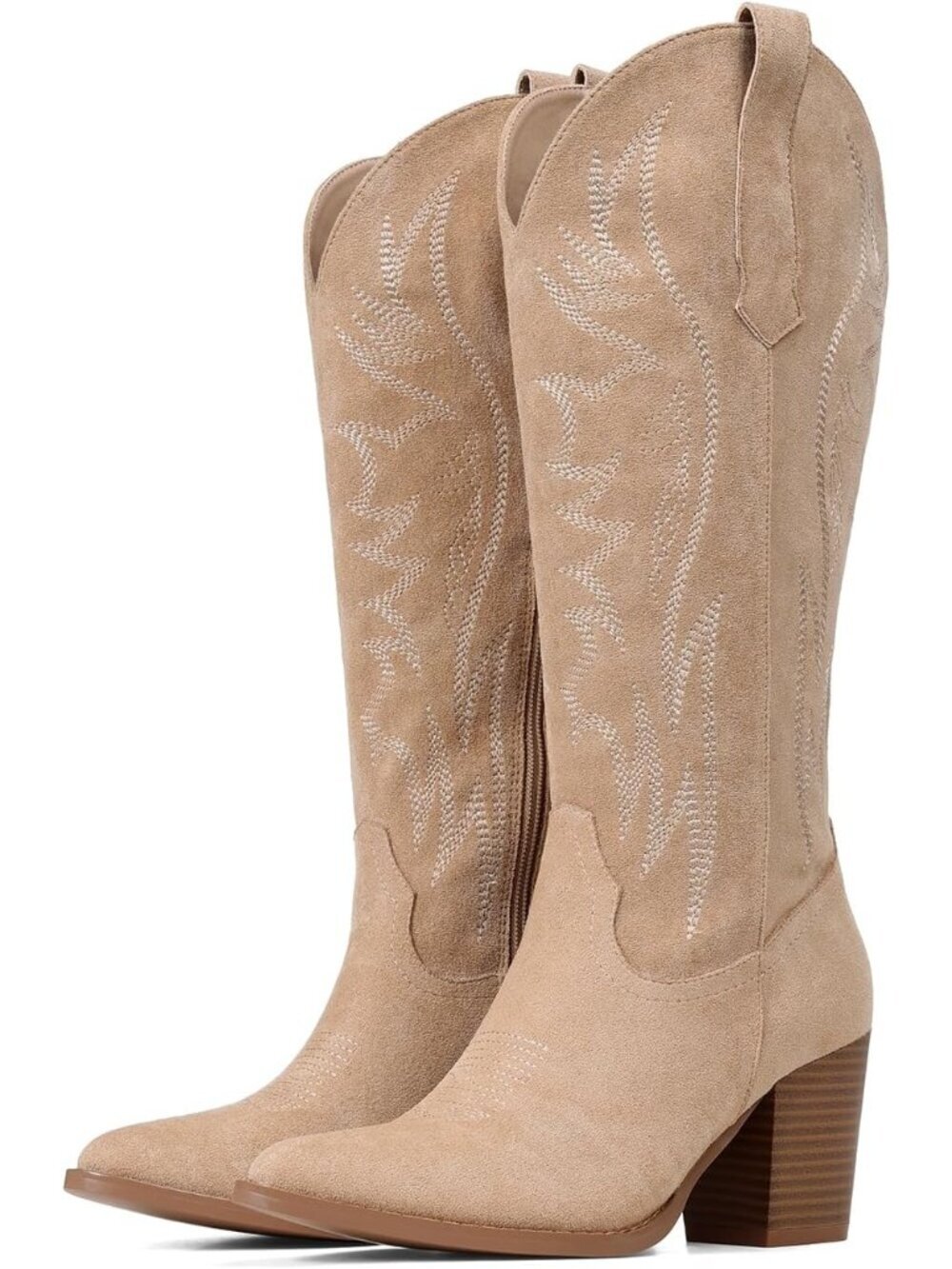 Women's Pointed Toe Knee High Cowgirl Boots Apricot Wide Calf Embroidered Boots